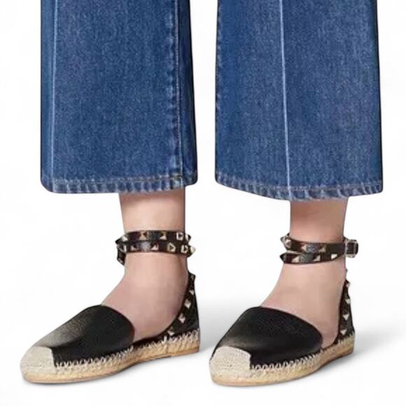 Valentino Rockstud Ankle Strap Flat Espadrille Shoes Black Leather EU 40 US 10